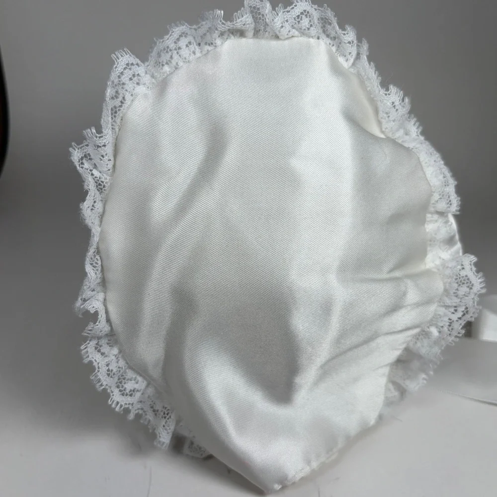 Vintage white Satin Lace Embroidered Baby Bonnet Christening Baptism Christmas